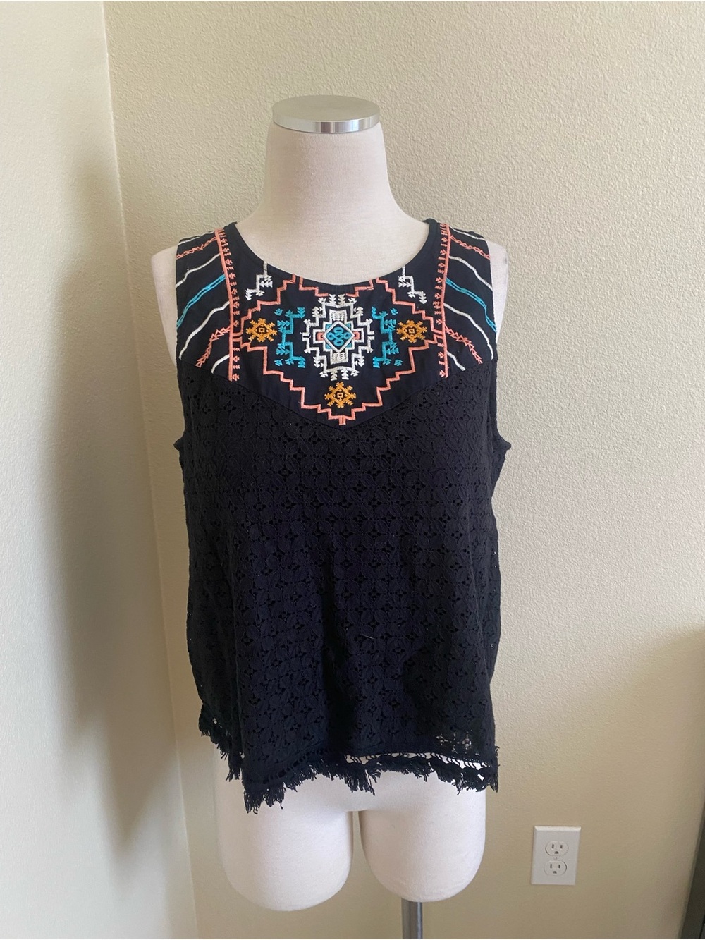 Xhilaration Black Lace Tank with Bright Embroidered Yoke